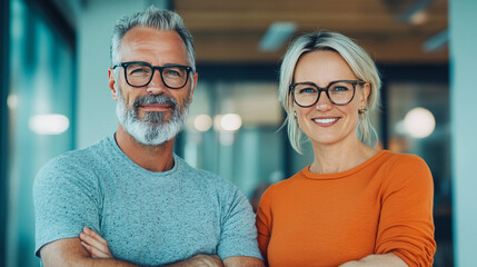 A middle-aged man and woman wearing glasses smiling at the camera.