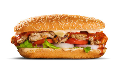CHEESY CHICKEN PATTY BURGER ISOLATED ON WHITE PNG