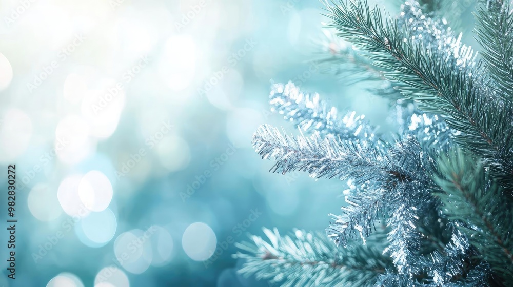 Poster a serene close-up of frosty evergreen branches, sparkling under soft winter light, creating a tranqu
