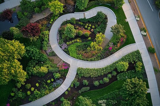 Aerial view park curved walkway center made up The greenery showcases
