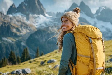 Naklejka premium A smiling female traveler with a yellow hiking backpack enjoys the beautiful scenery of the majestic mountains. Travel, adventure. Concept of an active lifestyle, ai