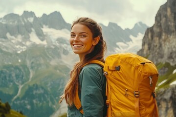 Naklejka premium A smiling female traveler with a yellow hiking backpack enjoys the beautiful scenery of the majestic mountains. Travel, adventure. Concept of an active lifestyle, ai