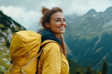 Naklejka premium A smiling female traveler with a yellow hiking backpack enjoys the beautiful scenery of the majestic mountains. Travel, adventure. Concept of an active lifestyle, ai