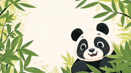 A joyful cartoon panda rolling in bamboo leaves with open space for writing in the background