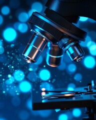 Close-up microscope blue background is focus while Scientist with protective gear