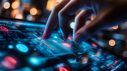 Close-up person hand pressing button futuristic interface Woman finger touching