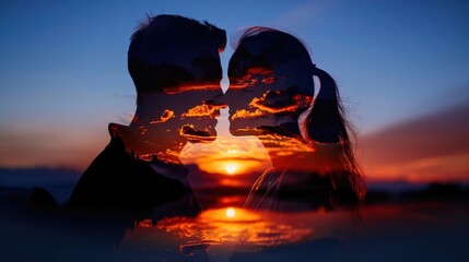 Double exposure of couple at sunset with clouds