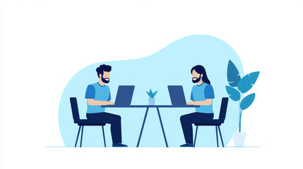 Two people work on laptops at a table.