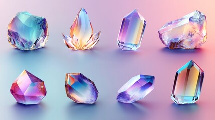 Fototapeta premium Collection six different types crystals arranged grid-like pattern A of iridescent
