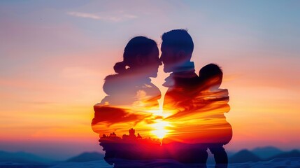 Double exposure of family with sunset embrace