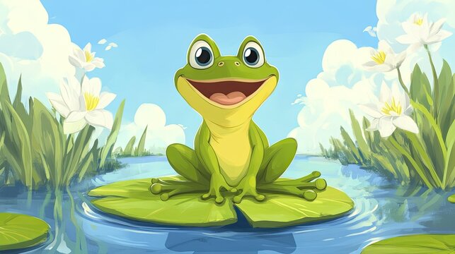 Cartoon frog sitting on a lily pad with a wide smile. Open area for text above in the blue sky