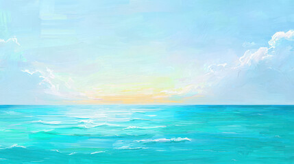 Obraz premium A tranquil ocean scene featuring soft blue waters and a gentle sky. The horizon blends seamlessly with pastel hues, creating a calming atmosphere