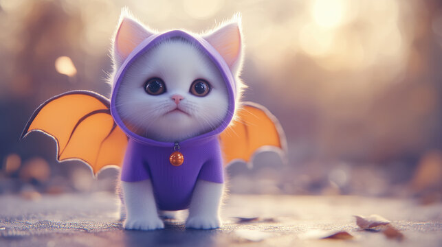 Close up white kitten dressed in a pleasant purple outfit with orange bat wings, Halloween cat, Happy Halloween Day, generative ai