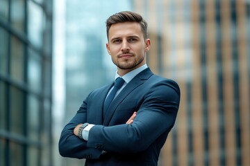 Handsome 30s top manager portrait in formal suit. Successful entrepreneur look camera. Confident business man smile. Young male businessman face. Urban city background. 40s employee work, ai