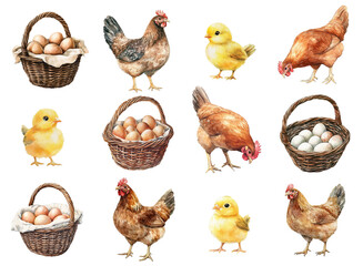 Watercolor chicken farm and eggs.