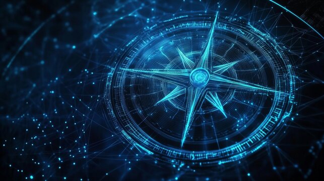 Digital illustration compass rose center surrounded by dark Goal success