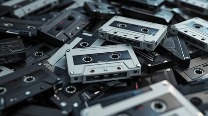 Obraz premium Closeup pile of vintage cassette tapes in black and gray image, ai generated