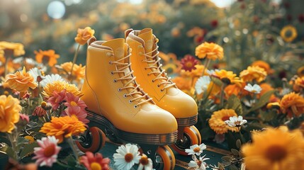 Yellow roller skates in field of flowers closeup image, ai generated
