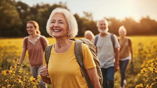 Group four elderly people walking through field yellow Happy of Senior