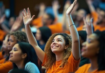 Fototapeta premium Group people sitting large auditorium their hands raised A diverse congregation singing