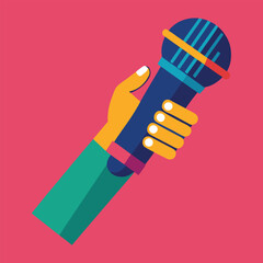 Graphic flat design drawing stylized singer hand using microphone. Cartoon style vector illustration