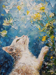 Palette knife oil painting depicts a white cat gazing up at yellow and white flowers, set against a blue backdrop. Vivid colors, crisp details, and pure white background highlight the full-body.