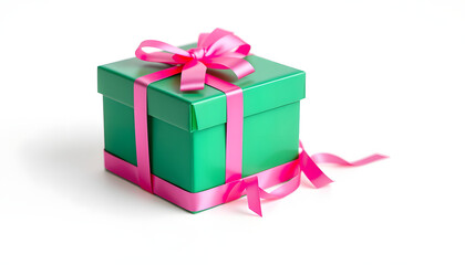 Green gift box with pink bow on white background. International Women's Day isolated with white highlights, png