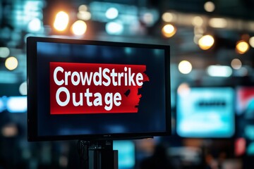 Large TV screen words "CrowdStrike Outage" displayed it CrowdStrike Outage Alert