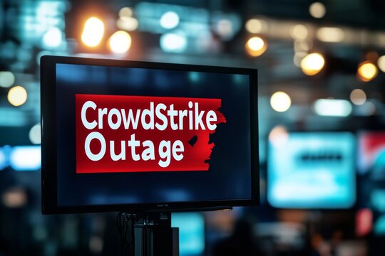 Large TV screen words "CrowdStrike Outage" displayed it CrowdStrike Outage Alert