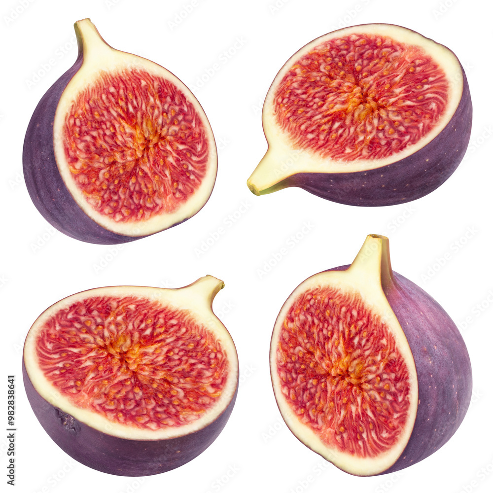 Wall mural isolated fig set. collection of fig halves at different angles on transparent background.