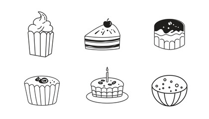 Line art vector design with cute doodles of cakes  cupcakes