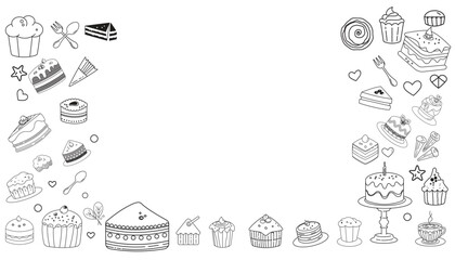 Line art vector design with cute doodles of cakes  cupcakes