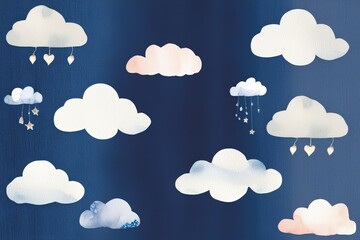 Charming Watercolor Canvas Art with Denim Blue Background and Playful Clouds