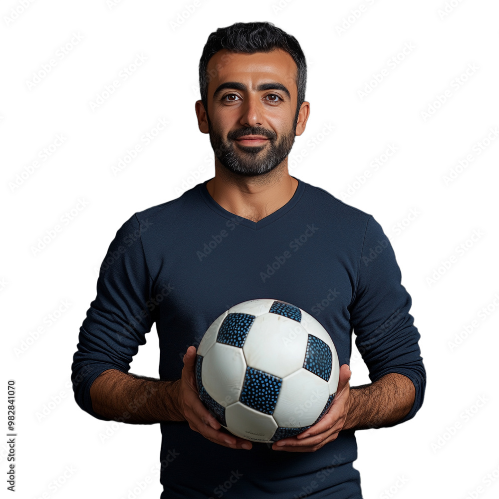 Wall mural smiling man holding a soccer ball, wearing a dark sweater, isolated on a transparent background