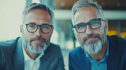 Two mature men in suits, glasses, and beards look at the camera.