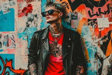 Fototapeta premium Portrait young man unique edgy look He standing A punk rock individual