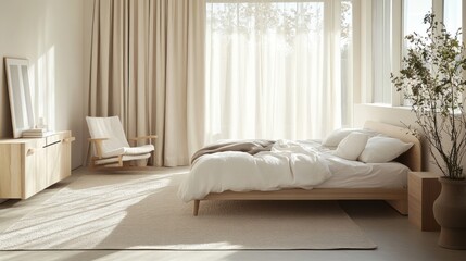 Fototapeta premium Serene Scandinavian Bedroom: Low Bed, Light Wood, & Monochromatic Design