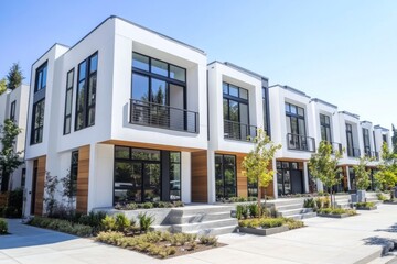 Fototapeta premium Row modern two-story white houses large windows balconies contemporary townhouse architecture