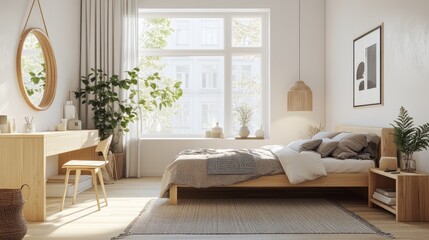 Fototapeta premium Serene Scandinavian Bedroom: Low Bed, Light Wood, & Monochromatic Calm 1
