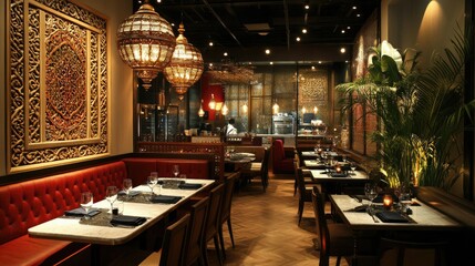 A modern South Asian restaurant interior, stylishly decorated with ample copy space for branding or text