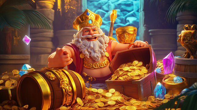 The zeus wrath slot game character with gold coins, game background, Illustration