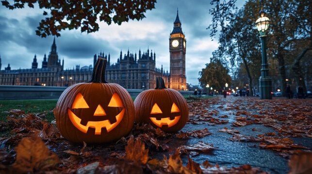 Two carved pumpkins path front Palace Westminster London Halloween festival theme
