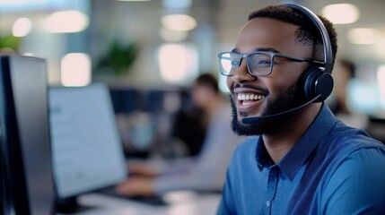 Young African-American man wearing headset smiling while working Professional black male customer
