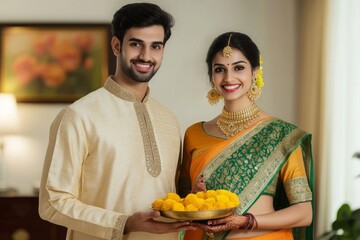 Young Indian couple dressed traditional attire man is holding