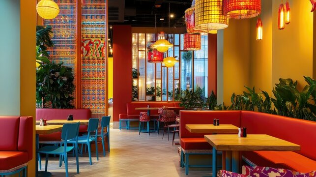 A vibrant South Asian restaurant with colorful decor and ample space for copy or branding elements