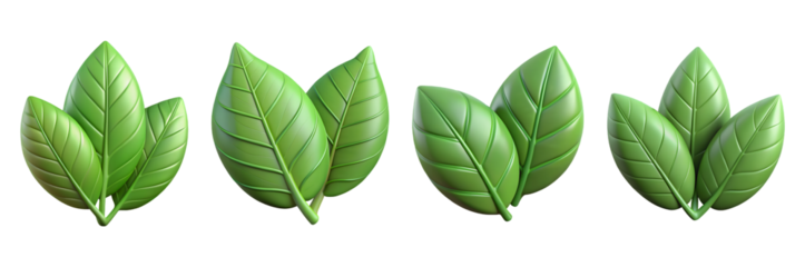 Set of 3d green leave isolated on transparent background, cut out