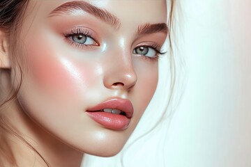 Fototapeta premium Close-up photo of a beautiful young woman's face with fresh and smooth skin and pink lips with a light background _ smooth skin with skin and body care , ai