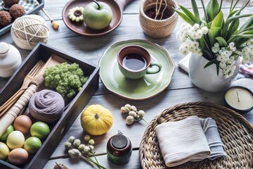 A cozy, rustic still life featuring a cup of tea, fresh fruits, flowers, and various crafting materials arranged on a wooden table