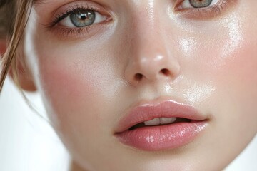 Naklejka premium Close-up photo of a beautiful young woman's face with fresh and smooth skin and pink lips with a light background _ smooth skin with skin and body care , ai