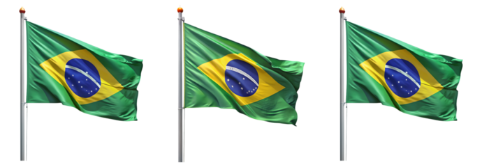 National flag of Brazil waving on a flagpole isolated on transparent background